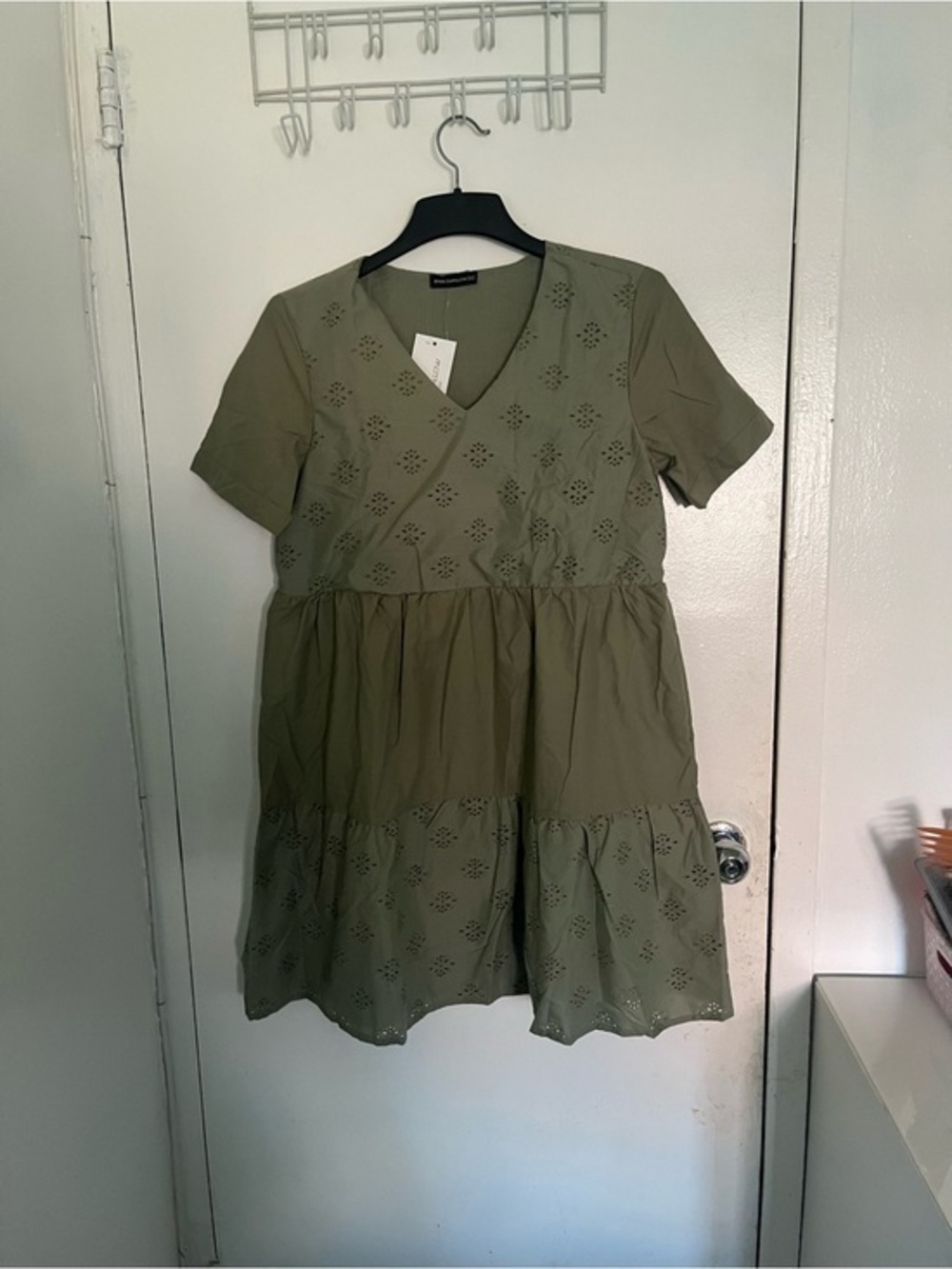 Olive Eyelet Tiered Casual Dress - Unbranded